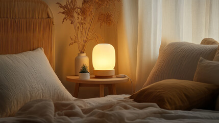 A vintage lamp emitting a gentle light on a bedside table, surrounded by a peaceful atmosphere, with soft pillows and a calming color palette in the bedroom