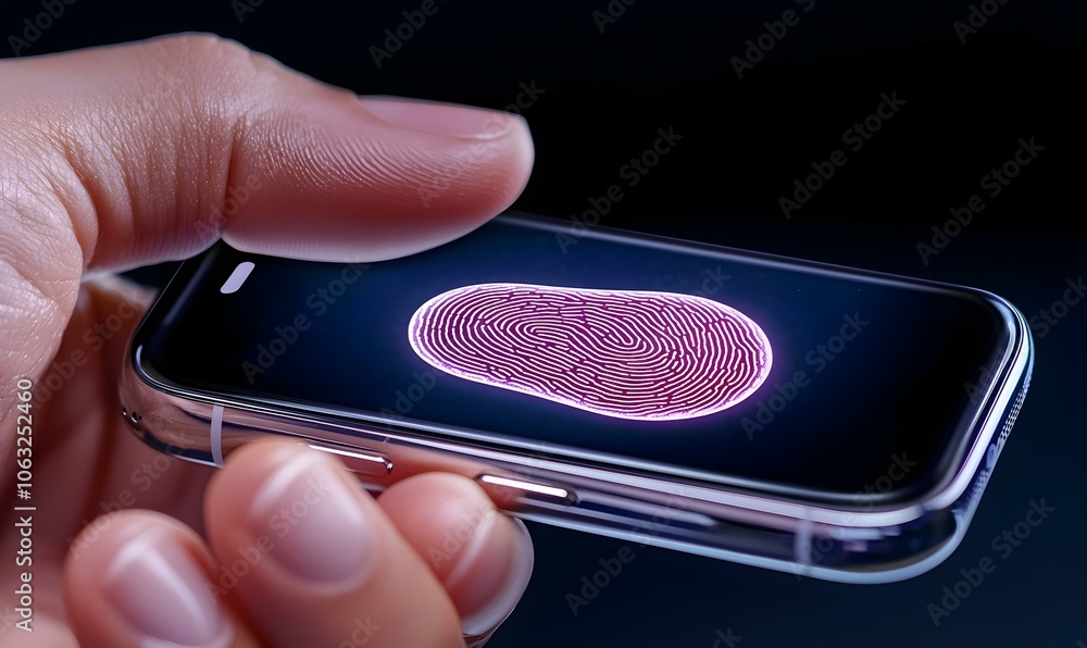 Poster fingerprint authentication, close-up view of a person's finger on a scanner, showcasing security tec