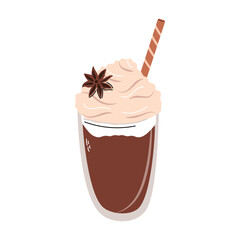 Cappuccino or cocoa in a glass with cream, anise, and a straw. Cozy winter illustration in flat style