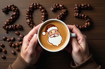 Female hands hold a cup of coffee, an image of Santa is applied to the surface of the drink, the numbers 2025 are laid out on the table made of coffee beans, the concept of Christmas and New Year