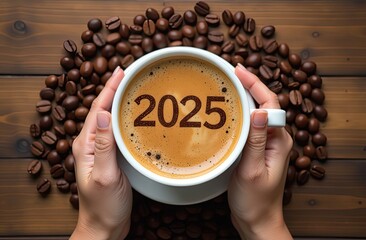 There is a cup of coffee on a wooden table with coffee beans, the cup is held by female hands, on the surface of the coffee there is a drawing of 2025, the concept of Christmas and New Year