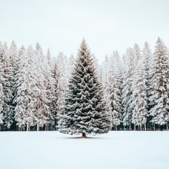 Fototapeta premium A single evergreen tree stands in a snowy field, surrounded by a forest of snow-covered evergreens.