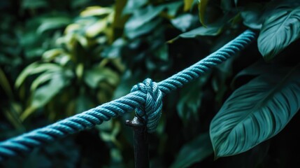 Delicate light blue rope connected to a metal pole surrounded by lush green vegetation