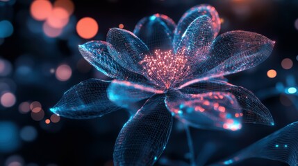 Obraz premium Digital futuristic flower wallpaper, neon light glow blossom wireframe, background with flower cyber hologram