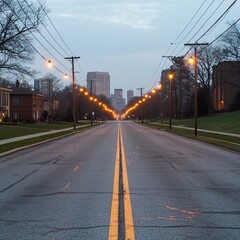 Fototapeta premium Empty road leading to a city skyline with streetlights on.