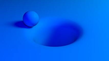 Sphere falling into the hole. Blue color.  3d illustration.