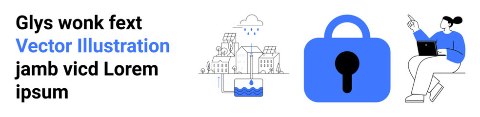 Woman using a laptop, large padlock symbolizing security, Smart City layout, and water management concept. Ideal for technology, security, urban planning, water management, remote work, digital