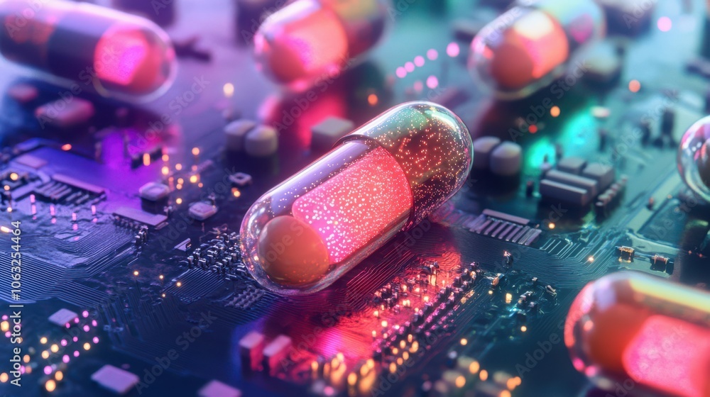 Aufkleber digital visualization of capsules on a circuit board, symbolizing computational drug discovery.