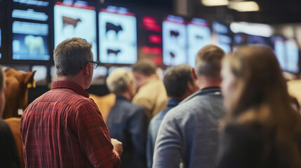 Livestock price competition event with screens displaying market rates, showing intense buyer and seller interactions