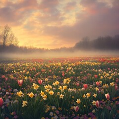 Spring morning mist rising over a blooming field of daffodils and tulips