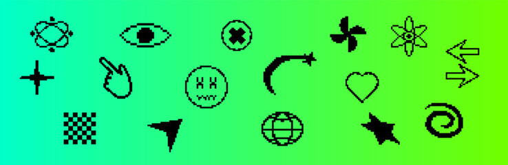 Digital icon set in pixel style, featuring black hearts, cursors, and arrows. Perfect for adding a vintage, 90s-inspired look to web and technology interfaces.