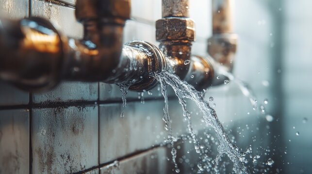 Damaged heating system pipes with water splashing around