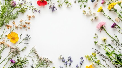 Collection of wildflowers herbs grasses and twigs featuring vibrant floral elements in a stunning circular arrangement on a white background macro shot with ample copy space from a top view