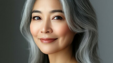 Naklejka premium Korean adult woman with smooth healthy face skin. Beautiful aging mature asian woman with gray hair and happy smiling touch face.