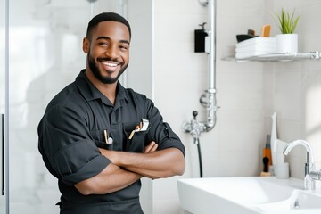 A professional African American plumber performs a thorough inspection of a residential plumbing system in a bathroom. Young handsome plumber in uniform
