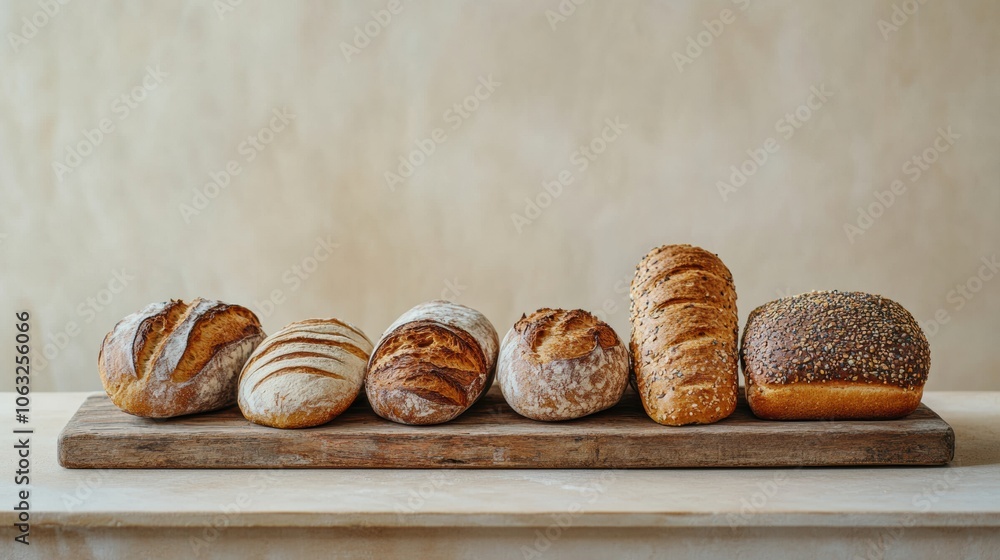 Poster an assortment of freshly baked bread and pastries is artfully arranged on a rustic wooden board, inv