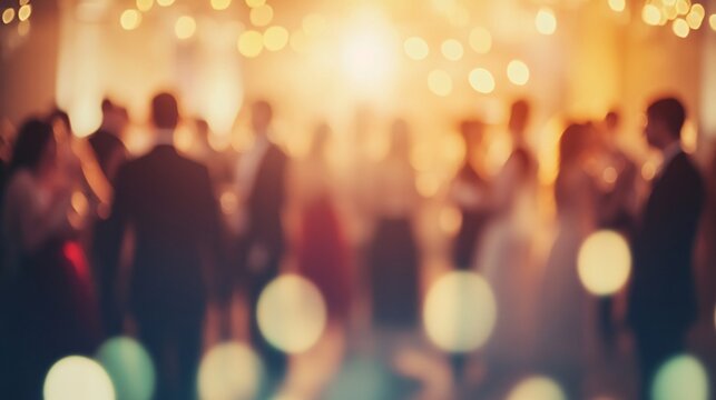 Elegant blurred event scene with warm lights and formal attire for social gatherings.