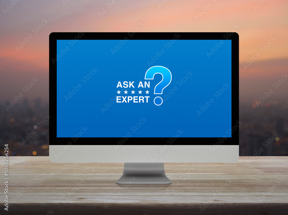 Poster ask an expert with star and question mark sign icon on desktop modern computer monitor screen on woo