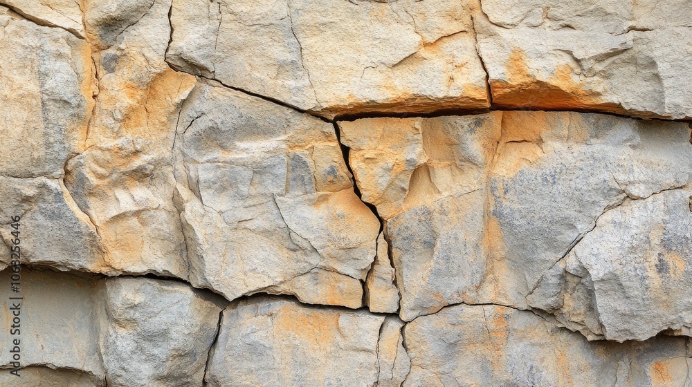 Poster close up of a weathered rock wall featuring cracks highlighting the texture and natural abstract pat