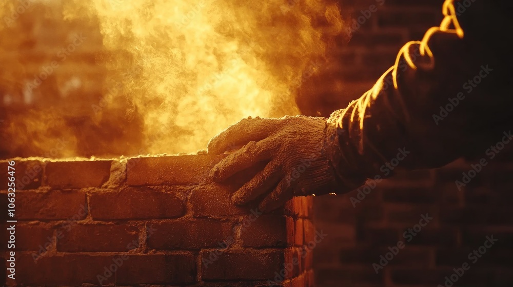 Poster close up of a bricklayer applying mortar and installing brick masonry on an exterior wall at a const