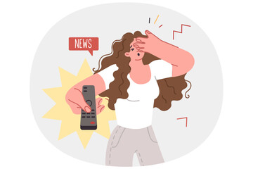 Woman gets scared by TV news and closes eyes, using remote control to switch to another channel