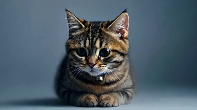 Elegant tabby cat wearing a small, vintage collar with a bell, posing in a photography studio