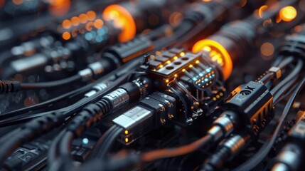 Fototapeta premium close-up of complex technological components and wires with glowing orange lights, creating a futuristic, high-tech atmosphere.