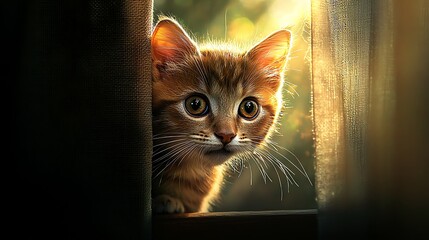 A captivating scene in a cozy living room where a cat is curiously peeking out from behind a curtain, with sunlight illuminating its fur and the vibrant colors of the decor creating a homey 