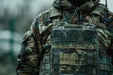 Obraz premium Soldier is standing guard, wearing a camouflage uniform with a tactical backpack and vest