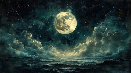 Fototapeta premium Full moon above a vast and stormy sea with a starry night sky behind it