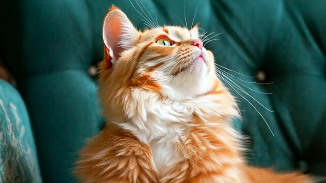 Furry cat looking up while sitting on a vintage armchair