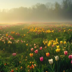 Spring morning mist rising over a blooming field of daffodils and tulips