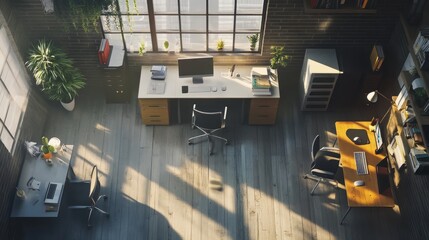 Obraz premium Overhead view of a bright, organized office with a few desks, ergonomic chairs, and simple decor, creating an inspiring atmosphere