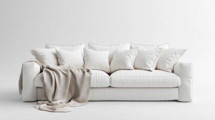 Cozy white couch adorned with pillows and a blanket featuring a banner with ample copy space