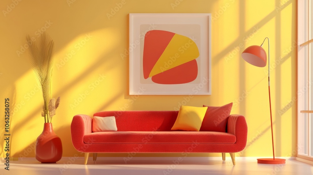 Wall mural retro-inspired space with a bold red couch, abstract art, and quirky accessories like vintage vases 