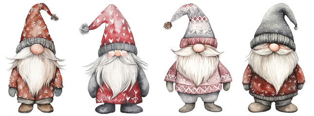 Cute gnomes wearing festive hats with fluffy beards transparent background