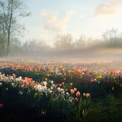 Spring morning mist rising over a blooming field of daffodils and tulips