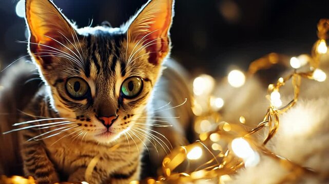 Portrait of a cat with Christmas lights