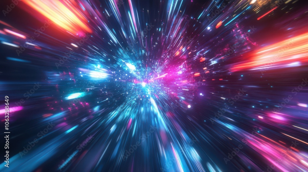 Poster hyperjump in space. multicolored glowing neon rays. high speed tunnel motion zooming in