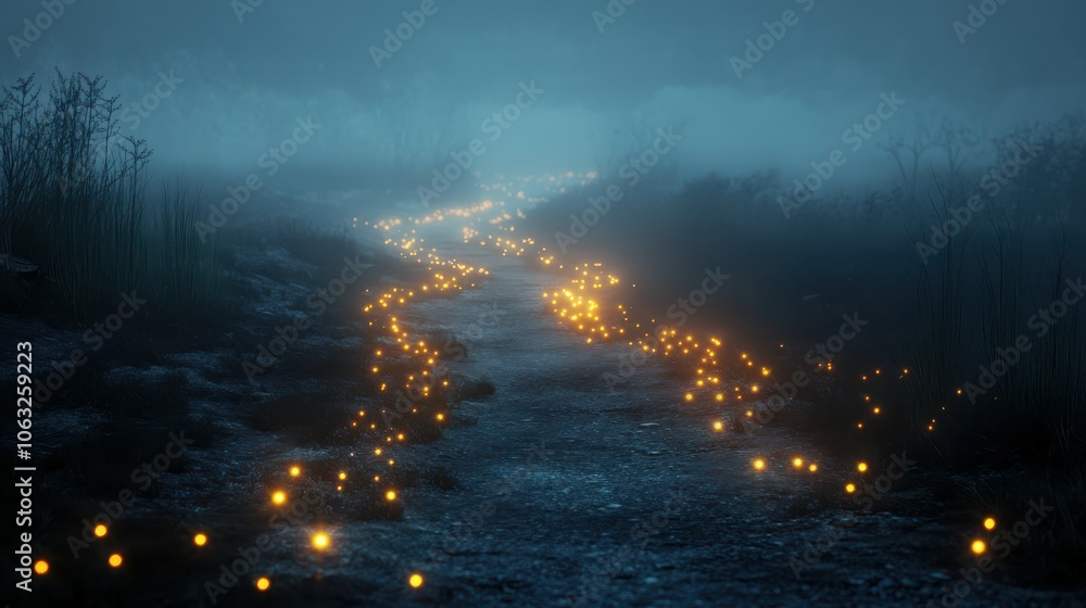 Poster illuminated path through a foggy twilight landscape with glowing particles