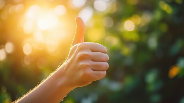 Close up of a customer displaying a thumbs up gesture indicating approval satisfaction and endorsement against a softly blurred backdrop
