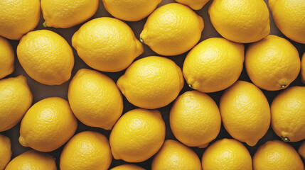 Close-up top down view of whole, fresh, ripe yellow lemons arranged closely next to each other as a background organic lemon fruit