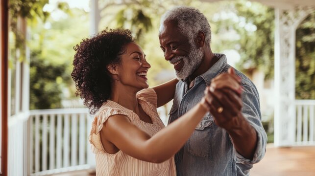 Mature, couple and happy with dancing outdoor in home for favorite song, bonding and romance in marriage. Dancer, people and turn on porch of house with radio playlist