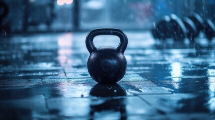 Close up of a kettlebell resting on a gym floor