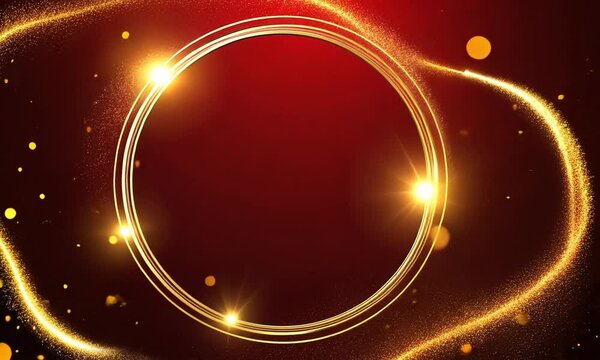 Golden circle frame decorated with shining golden lights isolated red background. Copy paste area to add products and articles. Video.