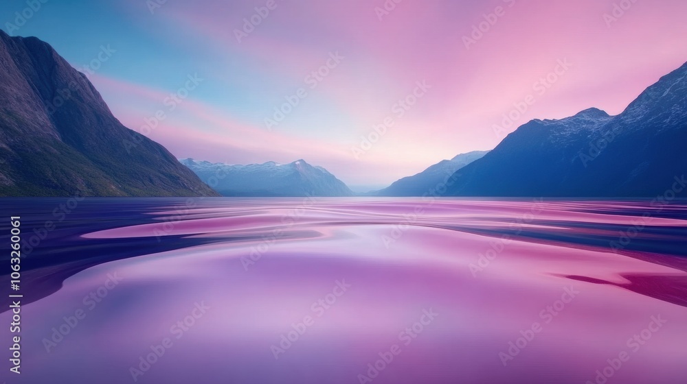 Poster Serene sunset over a tranquil fjord with vibrant pink and purple hues, AI