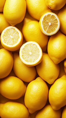 Close-up top down view of whole, fresh, ripe yellow lemons arranged closely next to each other as a background organic lemon fruit