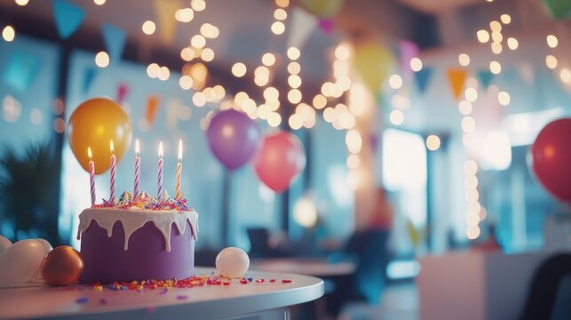 Colleagues celebrating a birthday by decorating a workspace team atmosphere blurred backdrop with ample copy space
