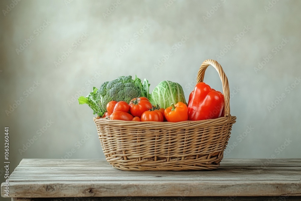 Poster a wicker basket overflowing with vibrant vegetables and fruits rests on a rustic wooden table, creat