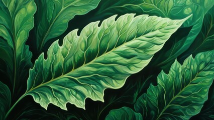 Obraz premium Vibrant green leaves in various shapes create a lush, natural backdrop, showcasing intricate details and textures. Ideal for nature-themed projects